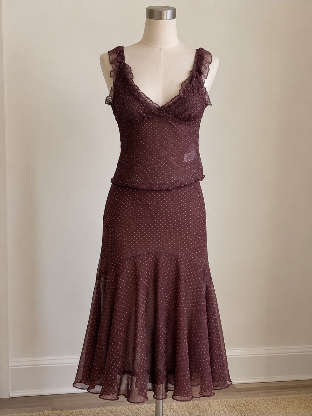 Polka Dot Chocolate Brown Ruffle-Hem Skirt Set